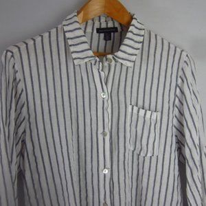 Saks Fifth Avenue Womens L Blue White Striped 3/4 Sleeve 100% Linen Shirt Blouse